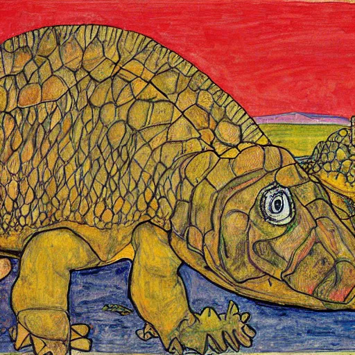 Image similar to painting of an ankylosaurus watching an erupting volcano in the style of egon schiele