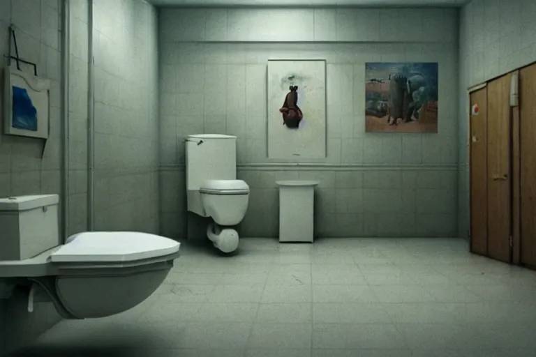 Image similar to hyperrealism aesthetic photography of detailed gigantic toilet in surreal scene from detailed art house movie in style of denis villeneuve and wes anderson