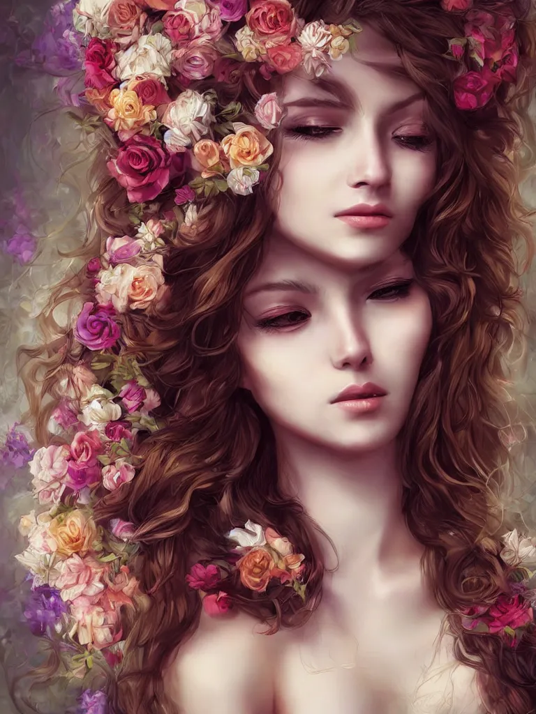 Image similar to beautiful girl digital art long hair with flowers baroque artgerm style