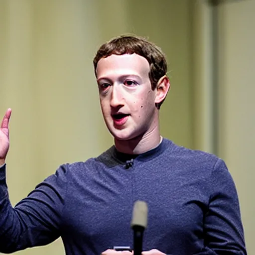 Image similar to mark zuckerberg's skin peeling off to reveal wires and metal at a press conference