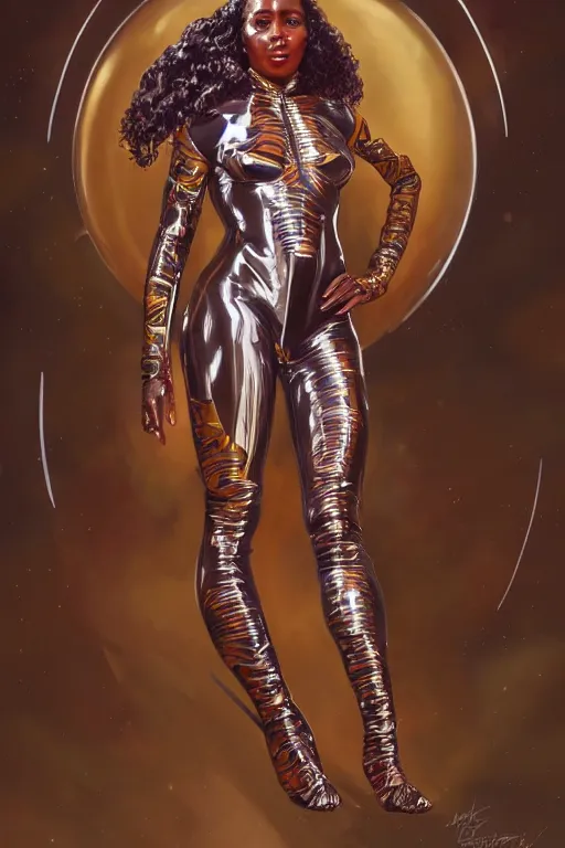 Image similar to full body portrait of very beautiful and attractive African-American woman, funkadelic spacesuit, real life skin, intricate, elegant, highly detailed, artstation, concept art, smooth, sharp focus, face by wlop, art by artgerm and greg rutkowski and alphonse mucha