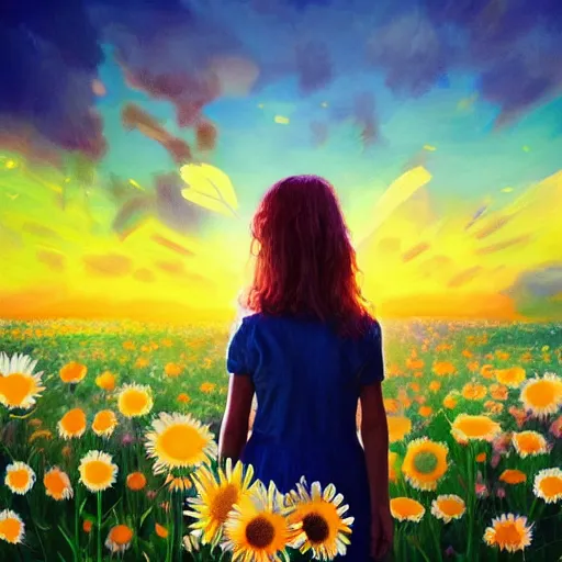 Image similar to head and face made of giant daisies, girl standing barefoot in a flower field, holding flowers, surreal photography, sunrise dramatic light, impressionist painting, colorful clouds, large sky, digital painting, artstation, simon stalenhag, flower face