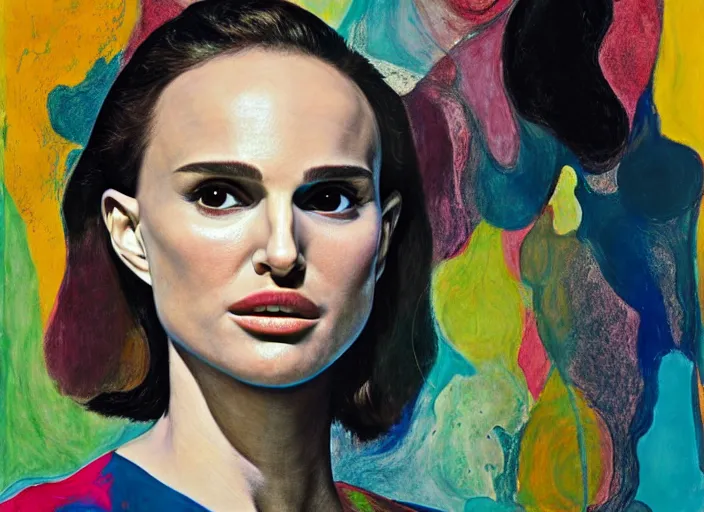 Image similar to portrait of natalie portman, by vincent lefevre and hernan bas and pat steir and hilma af klint, psychological, photorealistic, dripping paint, washy brush, rendered in octane, altermodern, masterpiece