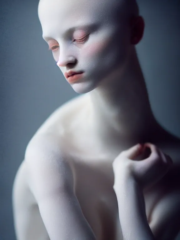 Image similar to cinestill 5 0 d photo portrait of a beautiful hybrid woman in style of paolo roversi by roberto ferri, translucent weird marble body intricate detailed, intricate dreamy marble ornamental hair, 5 0 mm lens, f 1. 4, sharp focus, ethereal, emotionally evoking, head in focus, volumetric lighting, matt tonal colors outdoor