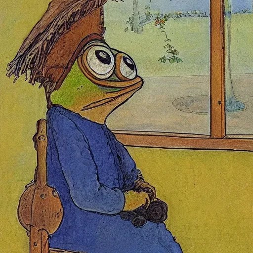 Image similar to pepe the frog in the village, uncropped, painted by carl larsson