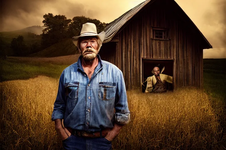 Image similar to a cinematic headshot portrait of a farmer, stood outside a wooden cabin, ultra realistic, dramatic lighting, by mike campau and annie leibovitz