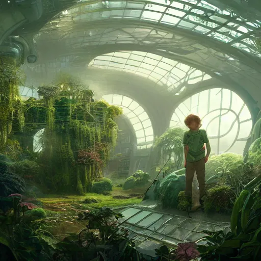 Image similar to , boy with grandma in scifi green house, spaceship, plants, stephen bliss, misty, unreal engine, fantasy art by greg rutkowski, loish, ferdinand knab, and lois van rossdraws, global illumination, radiant light, minimalist, detailed and intricate environment