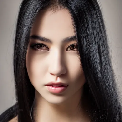 Image similar to Beautiful young Eurasian female face, long black hair, green eyes, photorealistic,8k, XF IQ4, 150MP, 50mm, F1.4, ISO 200, 1/160s, natural light