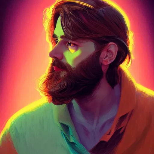 Prompt: Heartbreak, handsome, colorful, beard, long hair, male, dramatic lighting, face, upper body, detailed, intricate, elegant, highly detailed, digital painting, artstation, concept art, smooth, sharp focus, illustration, art by Sam Spratt, Dan Mumford, Artem Demura and Alphonse Mucha