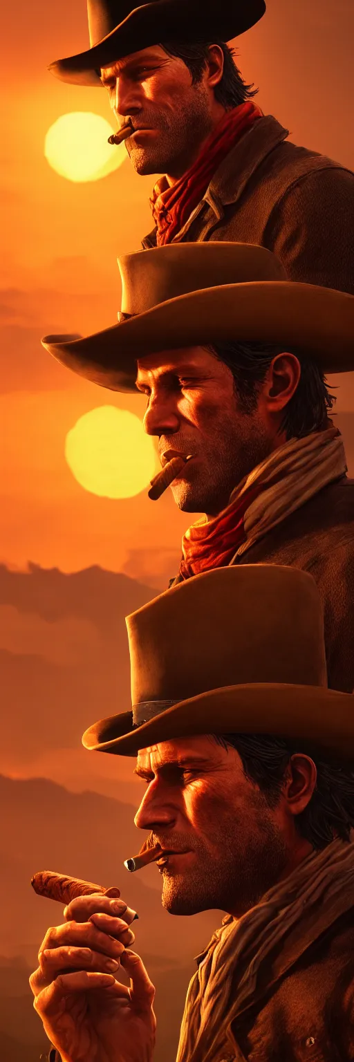 prompthunt: Arthur Morgan smoking a cigar, wild west background, sunset.  digital art. amazing quality. perfect lighting. Professional design. Great  composition. Mind blowing detail. award winning art. impressive colors.  trending on artstation.