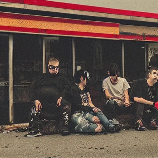 Prompt: “ group of goth punks smoking cigarettes sitting on car at an abandoned 7 - eleven convenience store, apocalyptic, photorealism, detailed ”