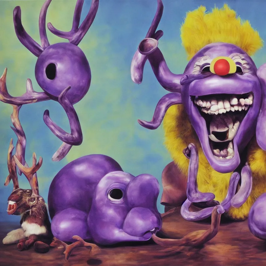 Prompt: rare hyper realistic painting by dennis hopper, studio lighting, brightly lit purple room, a blue rubber ducky with antlers laughing at a giant crying rabbit with a clown mask