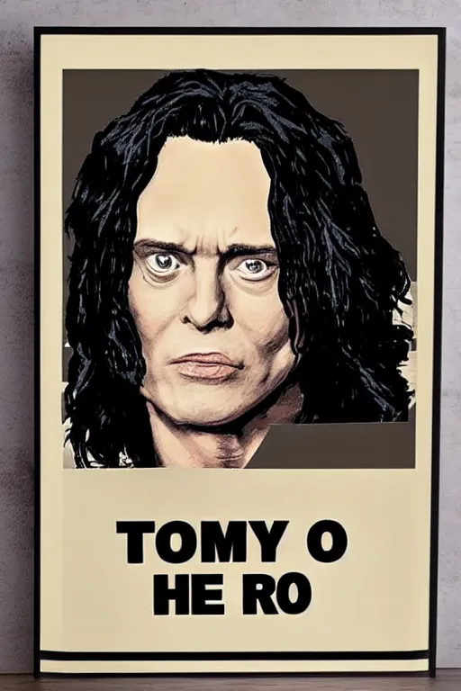 Prompt: a poster depicting tommy wiseau from the room ( 2 0 0 3 ) with the words'oh hi mark'written on it, perfect kerning