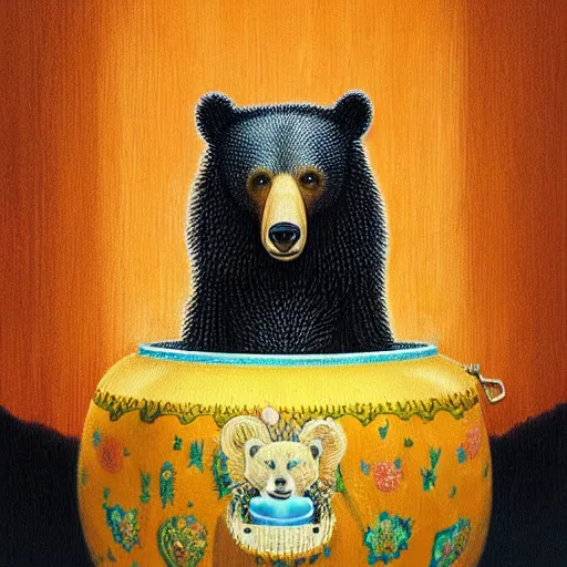 Prompt: bear eating grom a honey pot by casey weldon and martine johana, rich colors, intricate, elegant, highly detailed, centered, digital painting, artstation, concept art, smooth, sharp focus, illustration