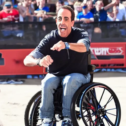 Image similar to jerry seinfeld jumping a wheelchair at x games magazine photo