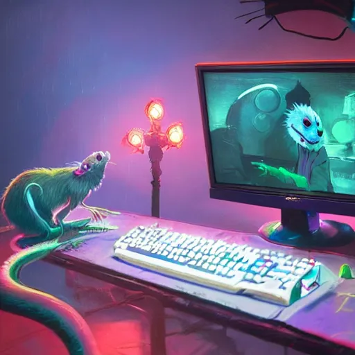 Prompt: Joker faced rat sitting on chair on computer playing games on led keyboard and gaming mouse long rat tail, joker painted clown rat face, led gaming, led gamers keyboard, dark and gloom, extremely detailed oil painting, rhads, Bruce Pennington, Studio Ghibli, tim hildebrandt, cinematic, octane render, beautiful composition, trending on artstation, award-winning photograph, masterpiece