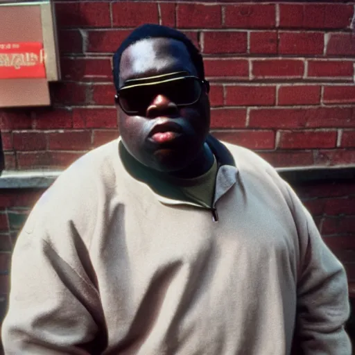Prompt: the notorious big in brooklin, 1 9 9 4, kodachrome photograph, 5 0 mm lens