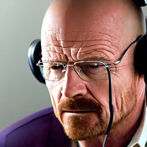 Image similar to close up, cropped award winning photo of walter white wearing pink headphones and shouting, incredibly detailed, sharp focus, hyper realistic