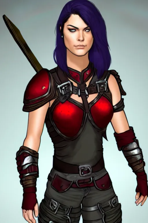 Image similar to realistic character portrait : female warrior, 2 7 years old. her face resembles jaimie alexander. her hair is short, straight, and raven black. she is fair - complected but tan. she is tall and gracile, except for her thick muscular arms and her ample bust. she wears sleeveless red & black practical leather armor with golden highlights that leaves only her muscular arms exposed.