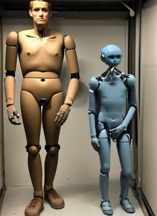 Image similar to a humanoid robot with an adult male human looking face is the statue david by michelangelo, polaroid, flash photography, photo taken in a back storage room where you can see empty shelves in the background,