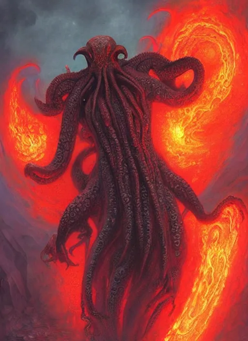 Prompt: cthulhu comprised entirely of lava, digital art by eugene de blaas and ross tran, vibrant color scheme, highly detailed, in the style of romanticism, cinematic, artstation, greg rutkowski