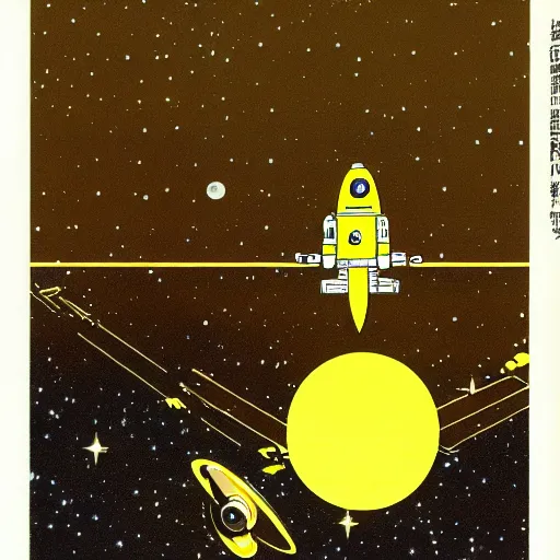 Prompt: little yellow spaceship with robot arm, in outer space, Ron cobb, Yoshitaka Amano, 1980s, science fiction