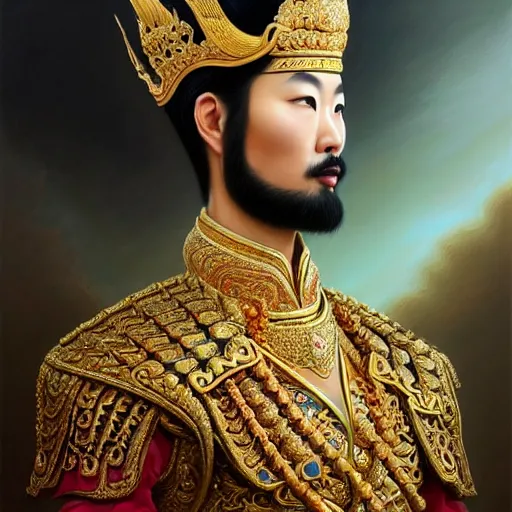 Image similar to dark tall and handsome korean male dressed as king ramkhamhaeng of sukhothai, intricate, highly detailed, centered, digital painting, artstation, concept art, smooth, sharp focus, illustration, artgerm, tomasz alen kopera, peter mohrbacher, donato giancola, joseph christian leyendecker, wlop, boris vallejo