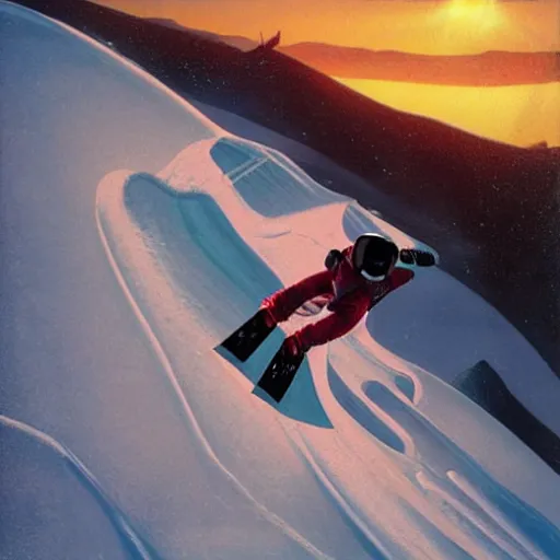 Prompt: snowboarder racing down a slope with a jet engine attached, scifi, futuristic, redline