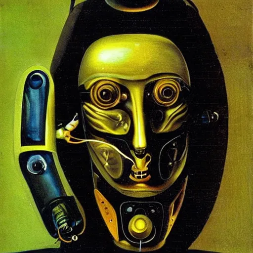 Prompt: a self portrait of a cyberpunk ai robot, by dali