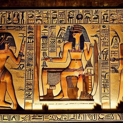 Prompt: of cleopatra with detailed tattoos sitting on a throne in egypt in a huge cathedral adorned with hieroglyphs. the whole scene lit by fire lamps very cinematic epic scene
