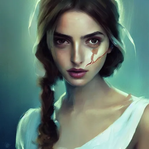 Image similar to portrait of beautiful happy young ana de armas wearing a beautiful silky white dress, half life 2, dishonored 2, painted by greg rutkowski, painted by stanley artgerm, painted by igor kieryluk, digital art, promotional art, trending on artstation