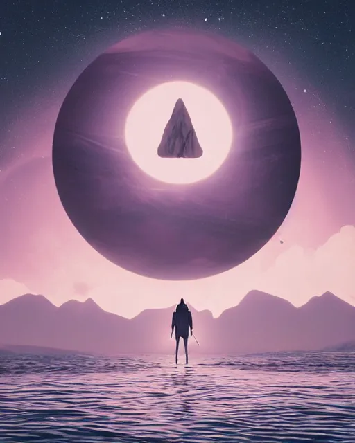 Image similar to a person wearing a white cloak standing in the water. a large planet is overhead. an album cover by stanley twardowicz, trending on cg society, retrofuturism, retrowave, chillwave, synthwave