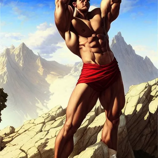 Prompt: ultra realistic illustration, a very tall and muscular gigachad flexing on top of a mountain, zyzz pose, intricate, elegant, highly detailed, digital painting, artstation, concept art, smooth, sharp focus, illustration, art by artgerm and greg rutkowski and alphonse mucha