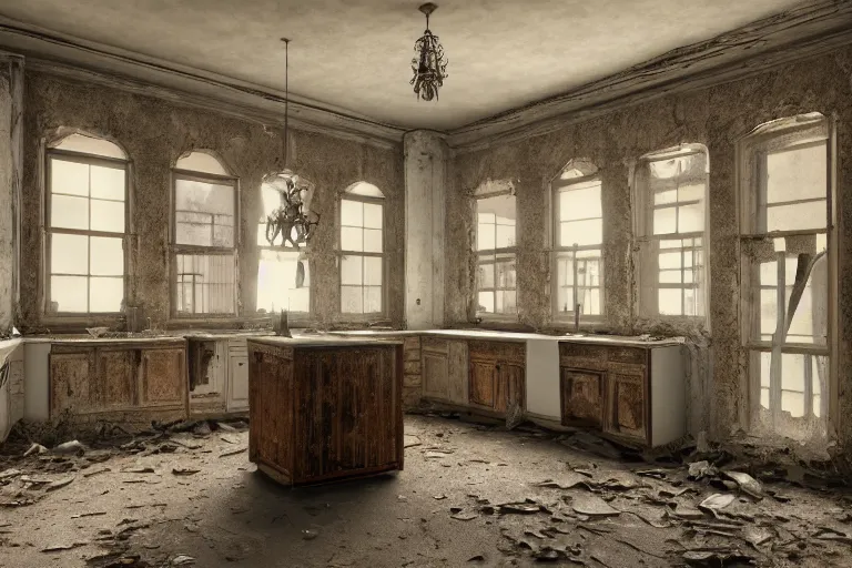 Prompt: ruined, abandoned american midwestern mansion kitchen, seen from inside. Diffused light falls through the broken windows. Dirt, leaves on ground. Unreal Engine. Substance painter. Zbrush. Trending on artstation. 8K. Highly detailed.