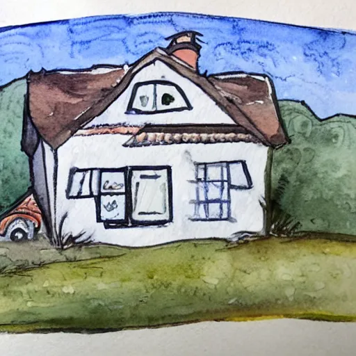 Image similar to a watercolor and ink painting of a cottage, drawn on white parchment paper