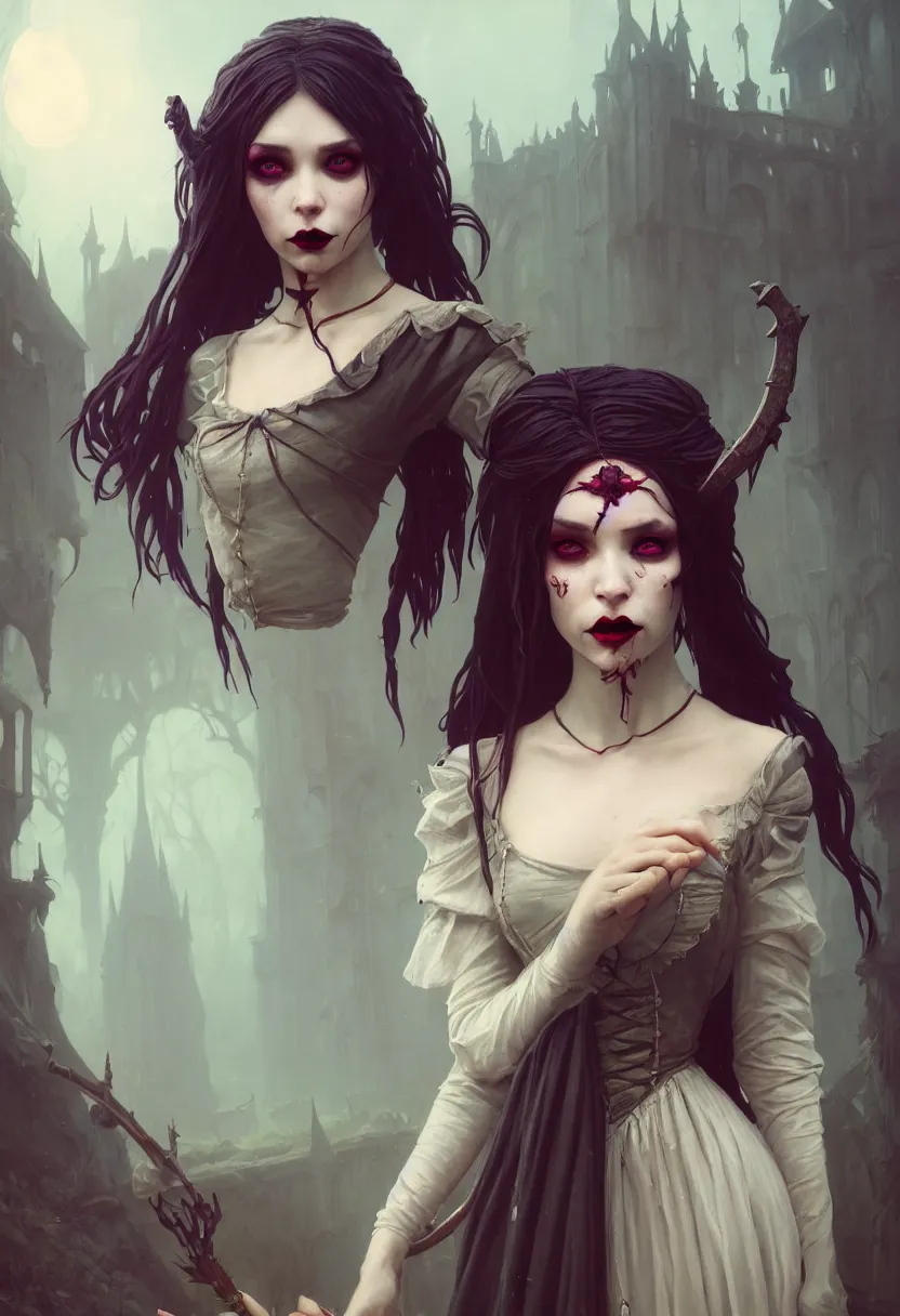 Image similar to beautiful very extreme closeup portrait, one vampire girl, medieval dress. witch, makeup. unreal engine, greg rutkowski, loish, rhads, beeple, tom bagshaw, alphonse mucha, global illumination, detailed and intricate environment