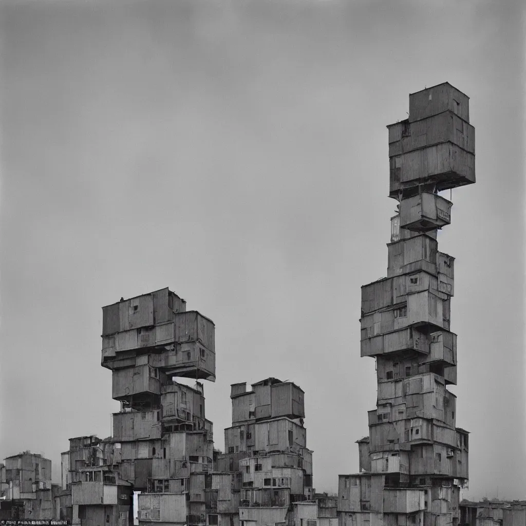 Prompt: towers made up of densely stacked makeshift squatter shacks with pastel colours suspended over a quagmire, plain uniform sky at the back, misty, mamiya, ultra sharp, very detailed, photographed by man ray