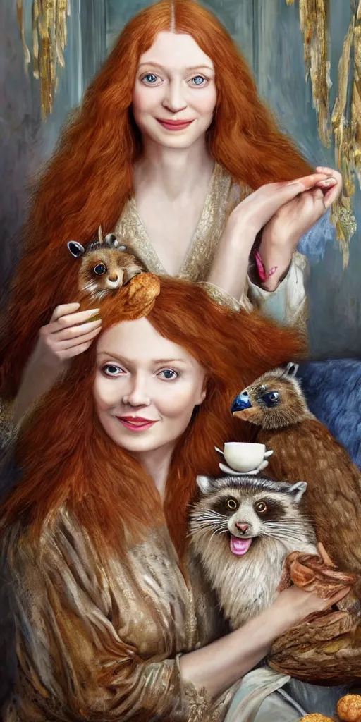 Image similar to a stunning hyper-detailed photorealistic painting of only one slender beautiful smiling woman with long ginger hair and bangs, wearing a luxurious silk robe, wearing headphones and posing with her large ginger tabby cat and her raccoon and parrots in an overstuffed easy chair in her sunlit victorian living room, holding a porcelain parrot-shaped coffee mug and a donut, perfect eyes, fashion photography, cinematic lighting, octane render, IBEX Masters, unreal engine, 85 mm lens,