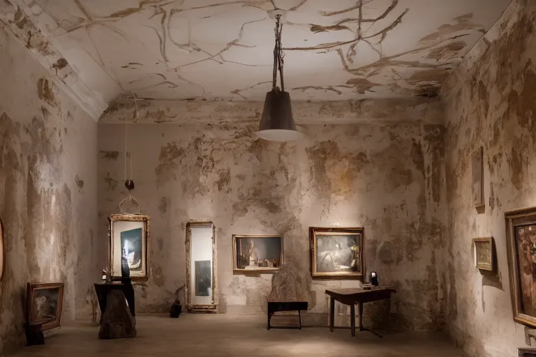 Image similar to mirror gallery in a museum hall, clay artifacts strewn about, suspended mobiles, chrome walls