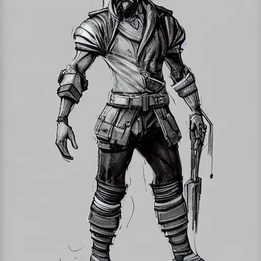 Prompt: concept art character, very high angle view, book cover, very attractive man with beard, walking in cyberpunk valley highly detailed full body, strong masculine features, sturdy body, command presence, royalty, smooth, sharp focus, organic, appealing, book cover, deep shadows, by Dave McKean, borderlands 3, sketch lineart for character design