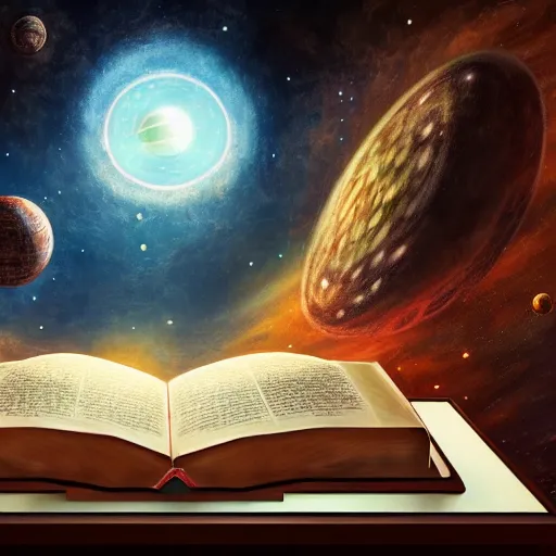 Image similar to front facing shot of an ancient book on a vintage table in space, concept art, sci - fi illustration, painting, realistic,, radiant light, detailed and intricate environment, 8 k, h 6 4 0