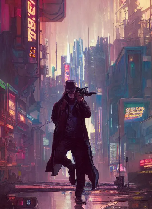 Image similar to Modern Teddy Roosevelt. Cyberpunk bouncer. blade runner 2049 concept painting. Epic painting by James Gurney, and Alphonso Mucha. ArtstationHQ. painting with Vivid color. (rb6s, Cyberpunk 2077)