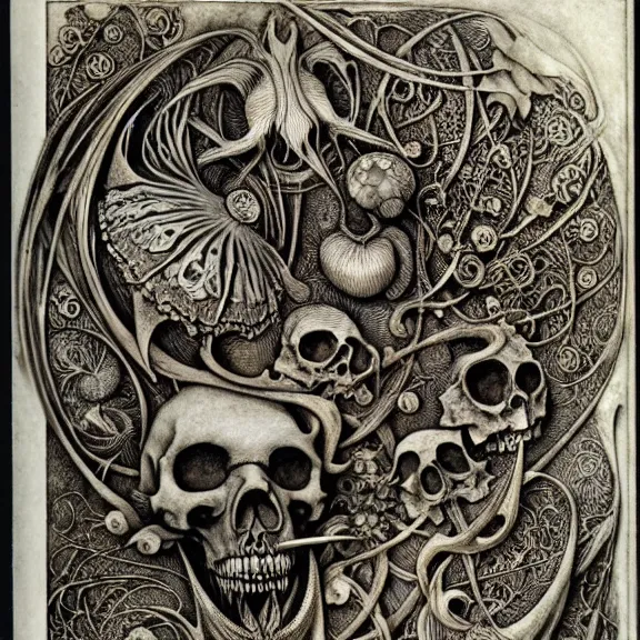 Image similar to memento mori by arthur rackham, art forms of nature by ernst haeckel, exquisitely detailed, art nouveau, gothic, ornately carved beautiful skull dominant, intricately carved antique bone, art nouveau botanicals, ornamental bone carvings, art forms of nature by ernst haeckel, horizontal symmetry, arthur rackham, ernst haeckel, symbolist, visionary