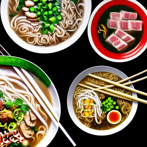 Image similar to flatlay realistic photo of delicious pho, ramen, aesthetic table cloth, highly detailed, cinematic light, masterpiece, 8 k hd, award winning, artstation,