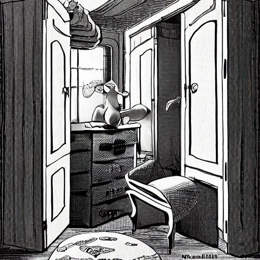 Image similar to an open wardrobe revealing the entrance to a fantastic world, storybook illustration, monochromatic