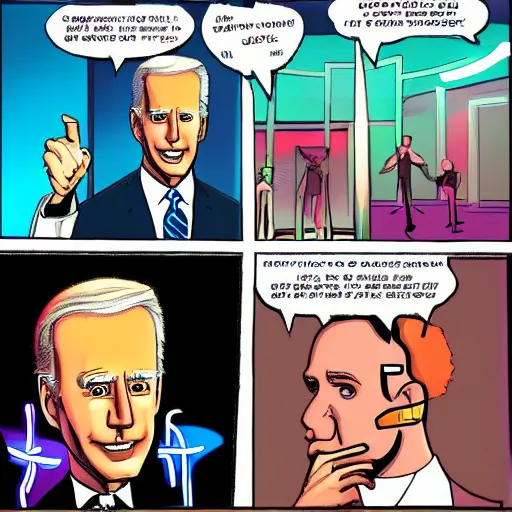Prompt: futuristic comic about Joe Biden, neon lighting
