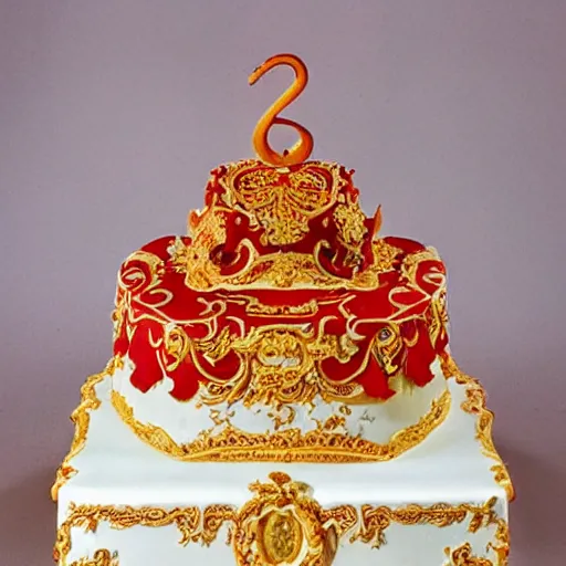 Prompt: photograph of a fancy baroque cake from 1970's cookbook in color