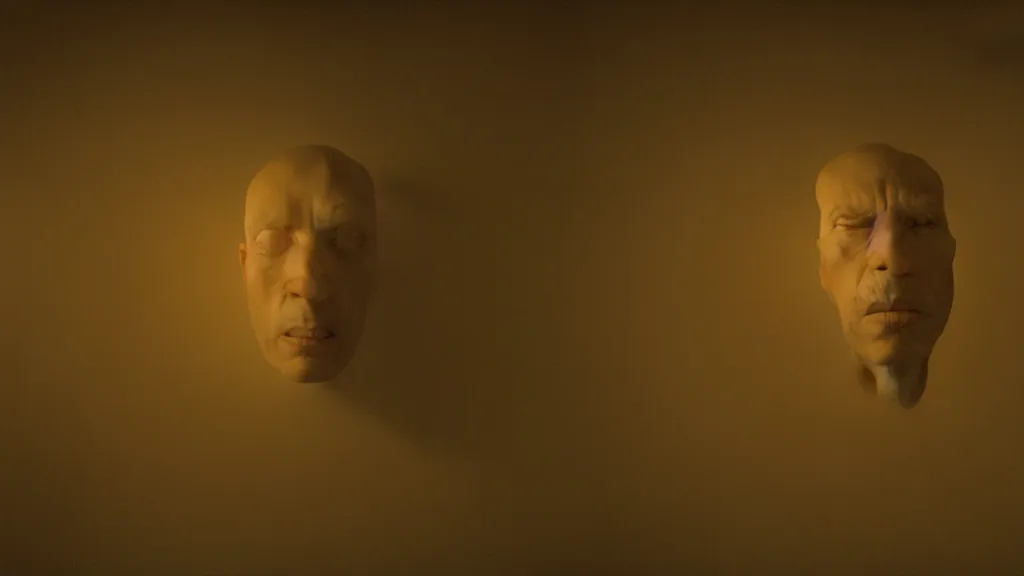 Prompt: a giant head made of wax and water floats through the living room, film still from the movie directed by Denis Villeneuve with art direction by Zdzisław Beksiński, wide lens