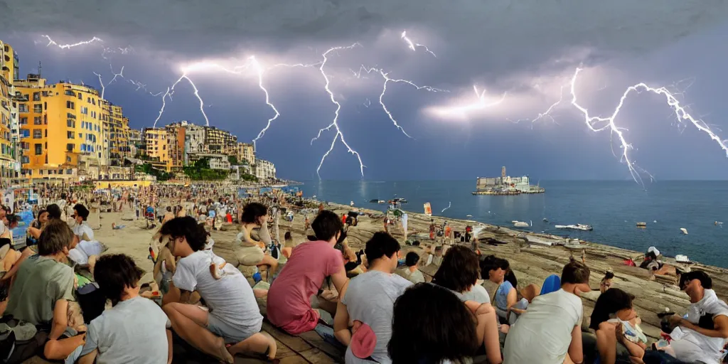 Image similar to wholesome animation studio Ghibli of young guys on the beach in the city of Genova. Sharp bloom dramatic lightning. Sunny day.