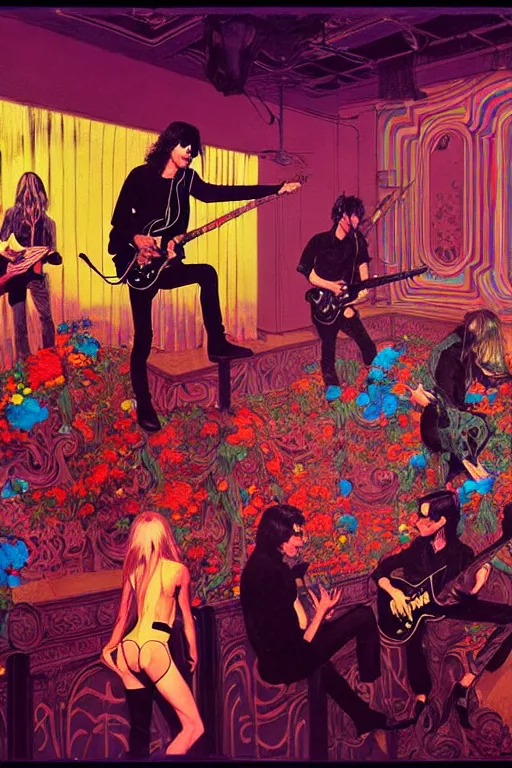 Image similar to the velvet underground and nico playing live on stage at a night club, beautiful stage decoration with flowers in the background, painting by james jean and syd mead and gaston bussiere, very detailed and colorful and toned down and ornamental and moody and cool and relaxed and high on drugs, trending on artstation, behance contest winner